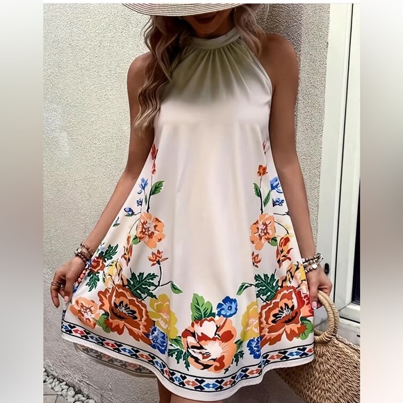 Floral Print Ruched Dress, Elegant Sleeveless Keyhole Summer Dress - Picture 5 of 5